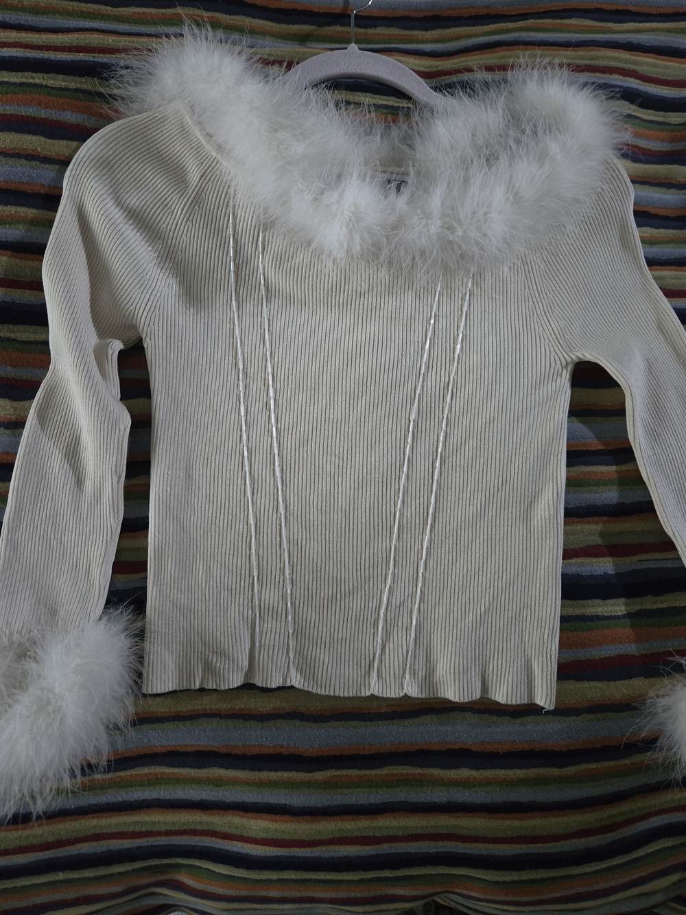 Feather-Trim Ribbed Long-Sleeve Top in Ivory